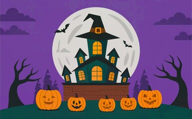 cartoon haunted house Halloween background with pumpkins, Halloween cartoon haunted house with full moon and pumpkins, spooky cartoon Halloween haunted house scene with pumpkins
