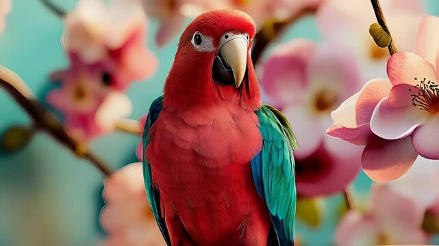 Colorful parrot perched on a cage amidst blooming flowers in a serene setting