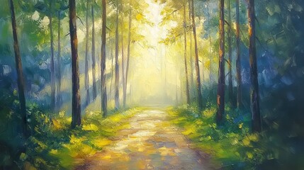 Fototapeta premium Sunlit pathway through a serene forest with lush greenery and tall trees