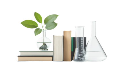 Books Collection with Laboratory Flask on White Background, Science and Education Concept, Knowledge and Experimentation