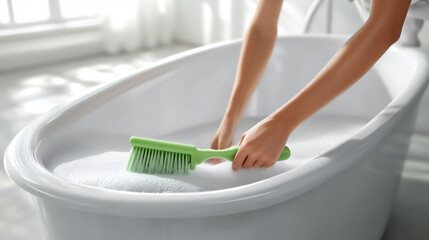 Naklejka premium a woman scrubbing a bathtub with a brush.