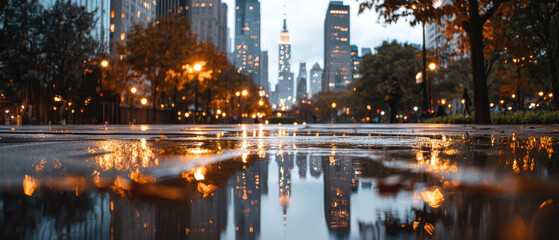 stunning view of city skyline reflected in rain soaked street, showcasing vibrant lights and autumn leaves. atmosphere is serene and captivating, inviting exploration
