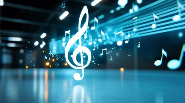 Melody of Light: Abstract composition with glowing musical notes and treble clef in a futuristic blue environment, symbolizing the power of sound and harmony.