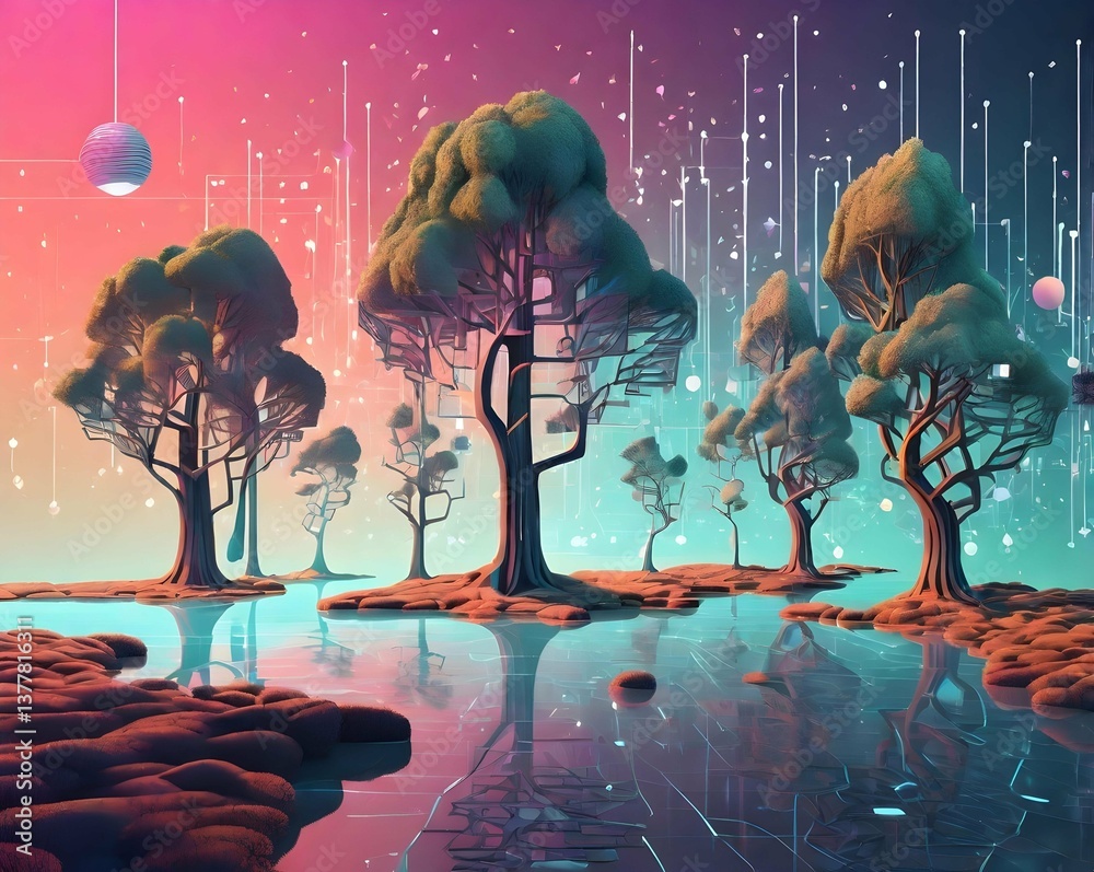 Poster A surreal landscape with trees featuring circuit patterns, reflecting on a digital water surface, under a vibrant