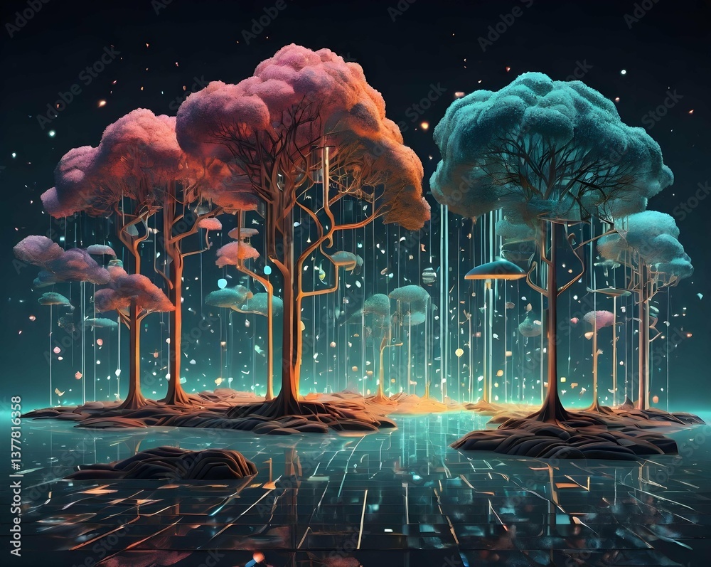 Poster A surreal landscape with trees featuring circuit patterns, reflecting on a digital water surface, under a vibrant