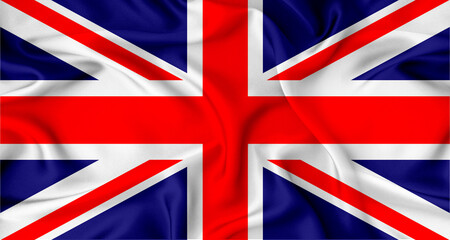 Realistic United Kingdom flag waving. Close up of flag of United Kingdom with cloth texture