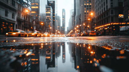 stunning urban landscape featuring towering skyscrapers, wet streets reflecting city lights, and yellow taxis navigating through bustling city. atmosphere is vibrant and dynamic