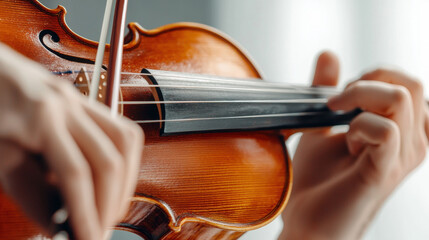 Fototapeta premium close up of violinist playing with graceful precision, showcasing intricate details of instrument and skillful movement of hands. warm tones of wood create inviting atmosphere
