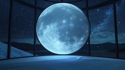 A digital moon and waterfall simulation inside a glass observatory, stars projected onto holographic ceilings