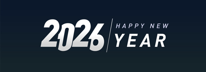 2026 horizontal banner. 2026 Happy New Year silver logo text design. Vector icon for greeting card or sports calendar cover design