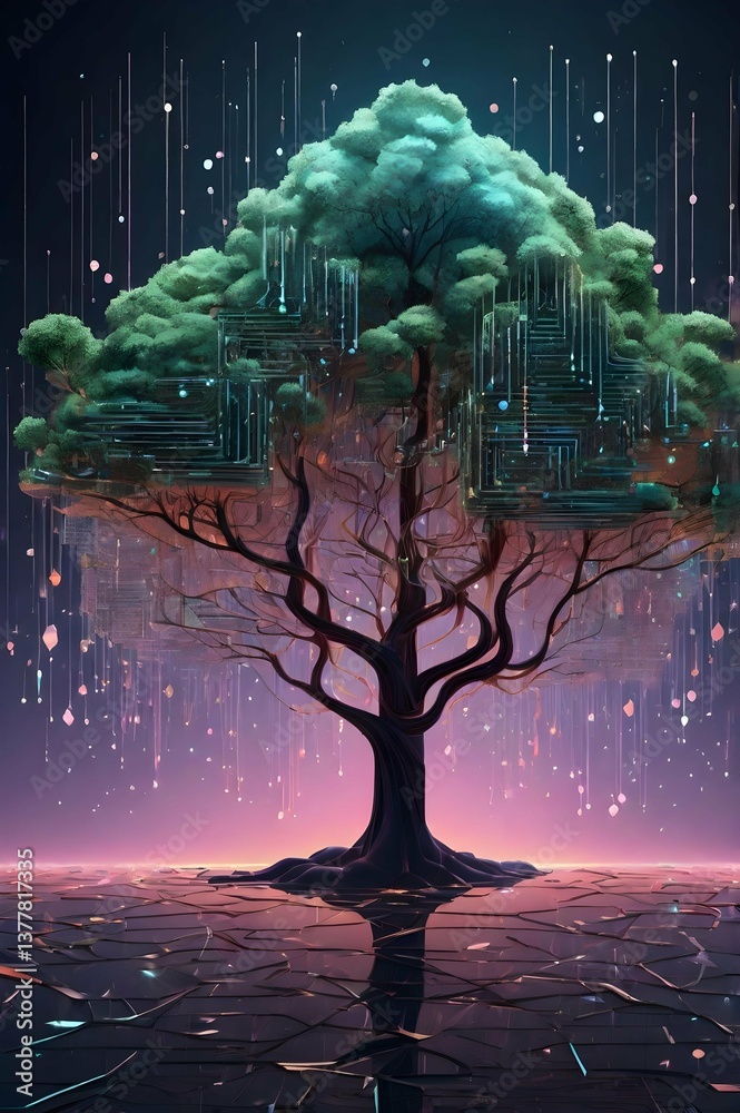 Poster surreal tree with circuit patterns stands on a reflective surface, bathed in digital light streaks