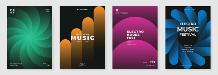 Modern gradient poster background vector set. Minimalist cover template with vibrant perspective geometric prism shapes in motion. Ideal design for social media, cover, banner, flyer.