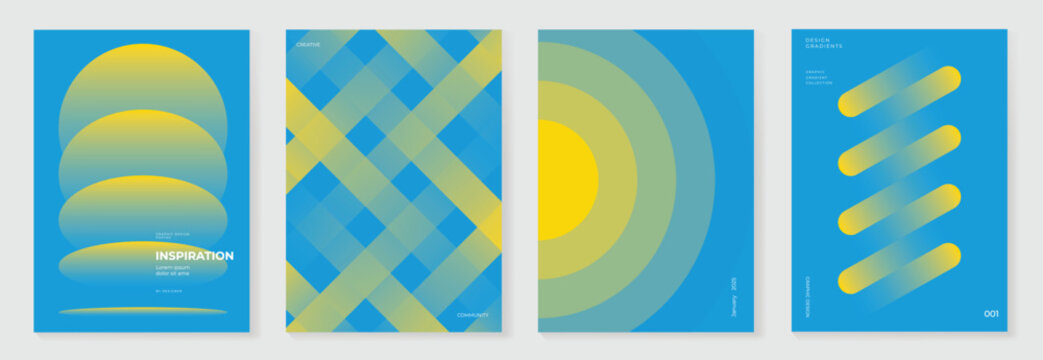 Modern gradient poster background vector set. Minimalist cover template with vibrant perspective geometric prism shapes in motion. Ideal design for social media, cover, banner, flyer.