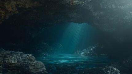 Mysterious Underwater Cave with Light Rays and Calm Water Surface