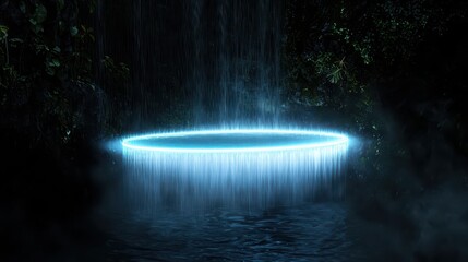 A smooth luminous platform suspended above a glowing waterfall, moonlight cascading through the mist
