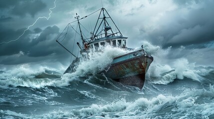 A battered fishing boat battles intense waves during a storm, showcasing the power of nature.