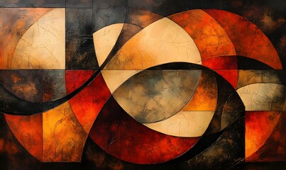Abstract painting featuring intersecting circles and squares in warm earth tone colors on canvas