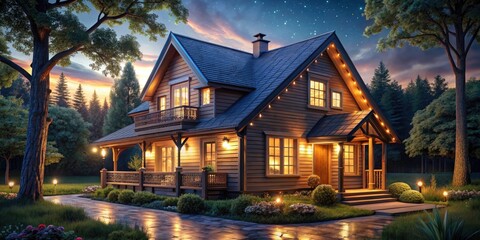 Night Photography: Rustic Wooden House, HD PNG Stock Image, Dark Background, Cottage, Cabin, Illuminated Windows