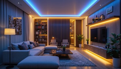 Neon led strip light with Modern living room Contemporary house interior with comfortable sofa, table, bookshelf, tv. Stylish apartment design illuminated blue, purple, yellow neon light, create cozy