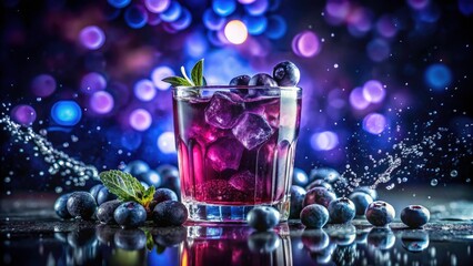 Night Photography: Vibrant Blueberry Juice Splash - Refreshing Summer Drink