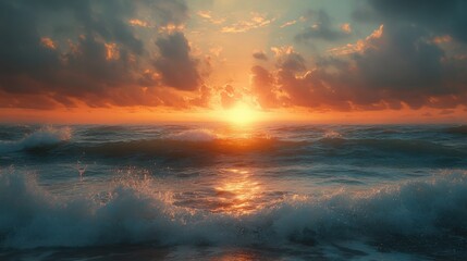Mesmerizing ocean sunset with dramatic clouds and gentle waves