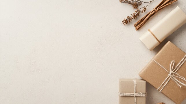 Minimalist gift wrapping arrangement with brown paper, string, and dried flowers