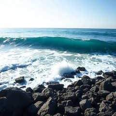 Single Blue Wave on Rocky Shore