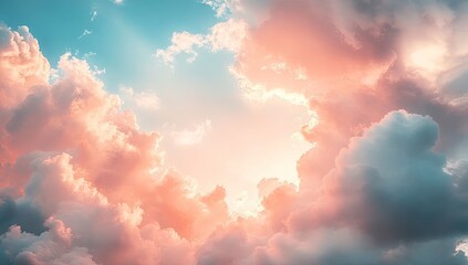 A breathtaking view of clouds illuminated by the setting sun.  Soft, pastel hues paint the sky in a vibrant display of nature's artistry