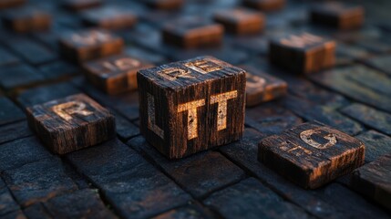 Obraz premium Close-up of wooden letter blocks on cobblestone surface in natural light