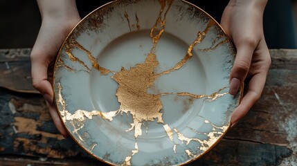 Female hands holding a kintsugi bowl on rustic table