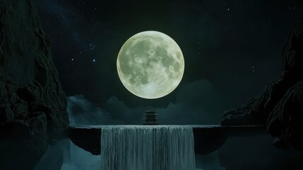 A radiant moon shining down on a floating temple surrounded by waterfalls and spinning stars