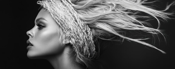 Caucasian female model with flowy hair and knit headband in dramatic black and white portrait