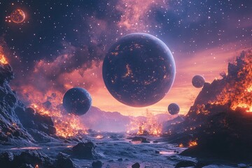 Fiery alien landscape with floating celestial bodies.  Vast expanse of a burning, rocky planet with orbiting orbs