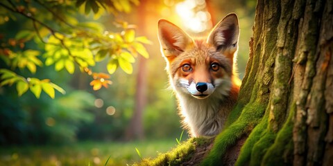 Fototapeta premium Playful Red Fox Hiding, Tilt-Shift Forest Photography, Miniature Wildlife Scene, Cute Fox in Woods