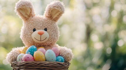 Fototapeta premium Stuffed Bunny Holding Easter Eggs in Basket with Blurry Green Background