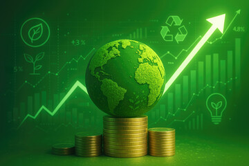 Illustration of a green planet with rising graphs, depicting sustainable growth and finance.
