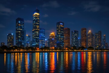 Naklejka premium Illuminated city skyline at night with vibrant reflections on water surface.