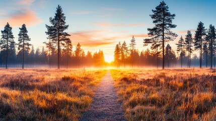 Obraz premium Sunset forests glow over misty meadow with radiant sunbeam concept. A scenic sunset view over a tranquil forest landscape.