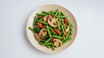 Stir-fried green beans and mushrooms with chili, Indonesian style
