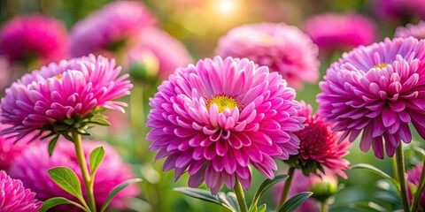 Obraz premium Pink Aster Flowers Garden Photography, Shallow Depth of Field, Bokeh, Macro, Bloom, Floral, Autumn, Nature, Beautiful Pink Asters