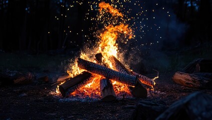 Campfire blaze at night