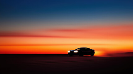 Silhouette d'une voiture de sport à l'horizon avec ciel crépusculaire orange intense.