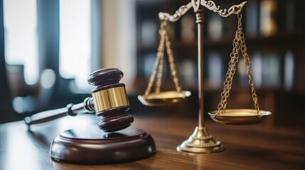 American flag, judge gavel and golden scale symbolize US justice system. Depicts judicial branch of government. Court, crime, law, authority, trial concept. Judgement, lawsuit, legislation banner