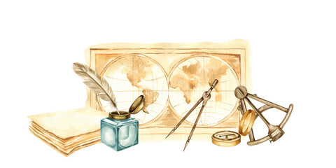 watercolor textured vintage card of earth, stack of aged paper, feather quill and glass inkwell, compass, marine tools, hand drawn illustration of parchments with navigation and study tools