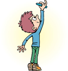 The boy stood on his toes and wrote with blue chalk