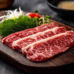 Fototapeta premium Ultra detailed macro shot of Matsusaka beef intricate marbling of silky white fat woven into rich red meat placed premium Japanese wooden board delicate garnish warm lighting emphasizing tender