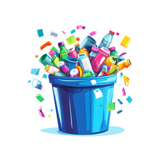 A vibrant illustration of a recycling bin overflowing with various colorful plastic bottles and materials.