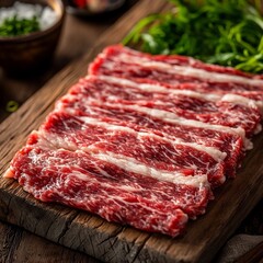 Obraz premium Ultra detailed macro shot of Matsusaka beef intricate marbling of silky white fat woven into rich red meat placed premium Japanese wooden board delicate garnish warm lighting emphasizing tender