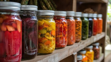 Colorful assortment of homemade preserved vegetables in jars on wooden shelf