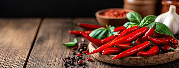 Bright red chili peppers are surrounded by fresh garlic and basil on a wooden table with various spices in the background, inviting flavors